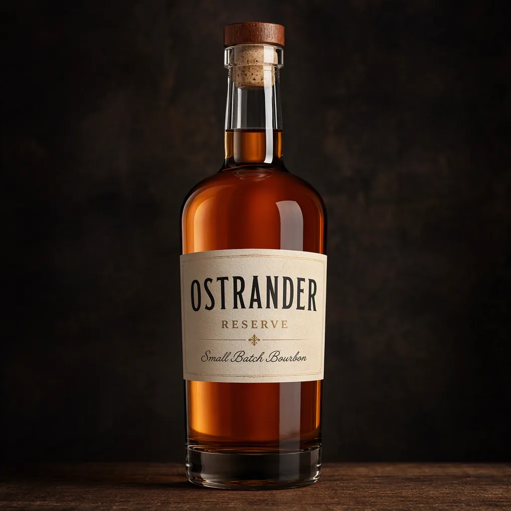 Studio packshot: a bourbon bottle on a dark backdrop (fictional brand “Ostrander Reserve”)