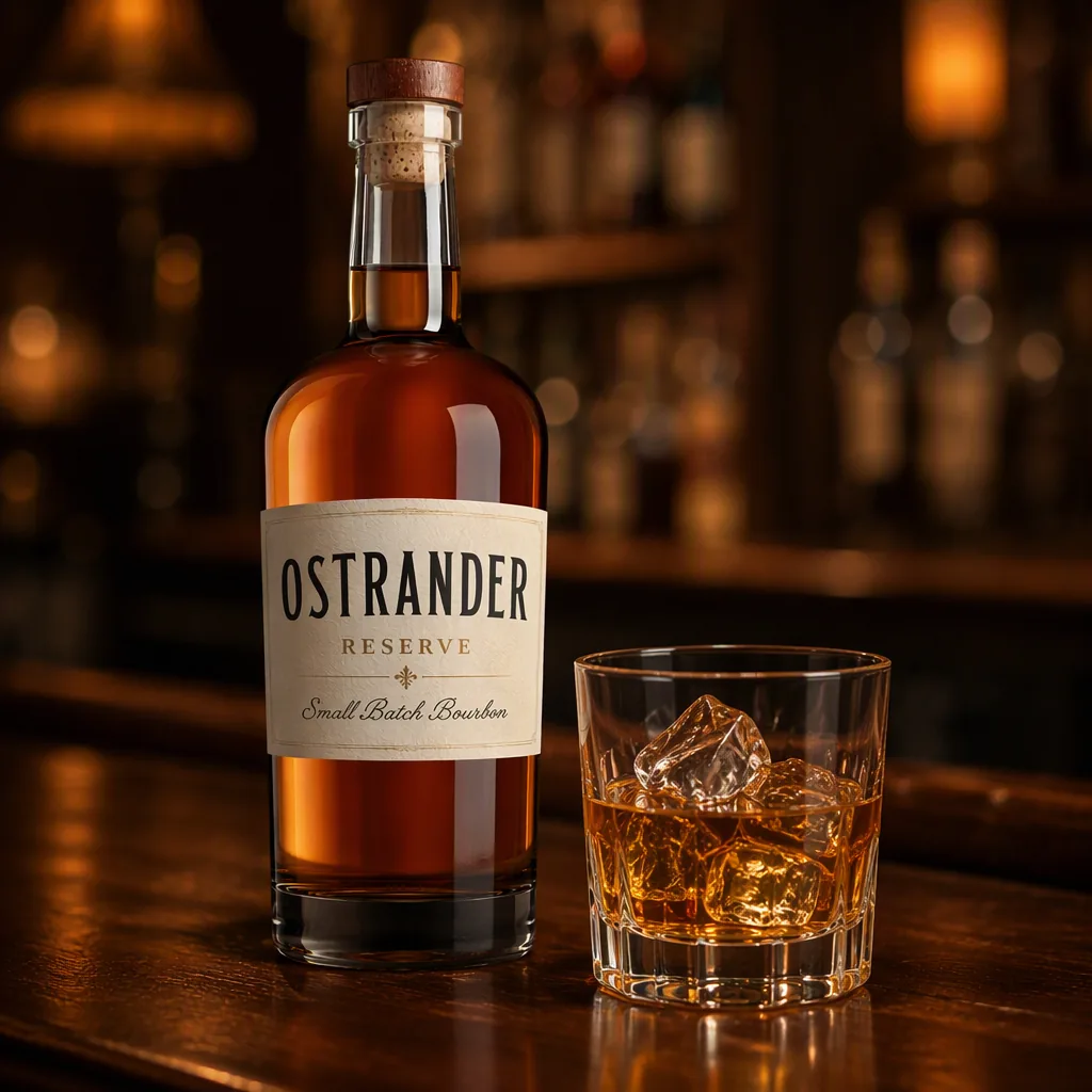 Lifestyle shot: the bottle next to a rocks glass on a bar top (fictional brand “Ostrander Reserve”)