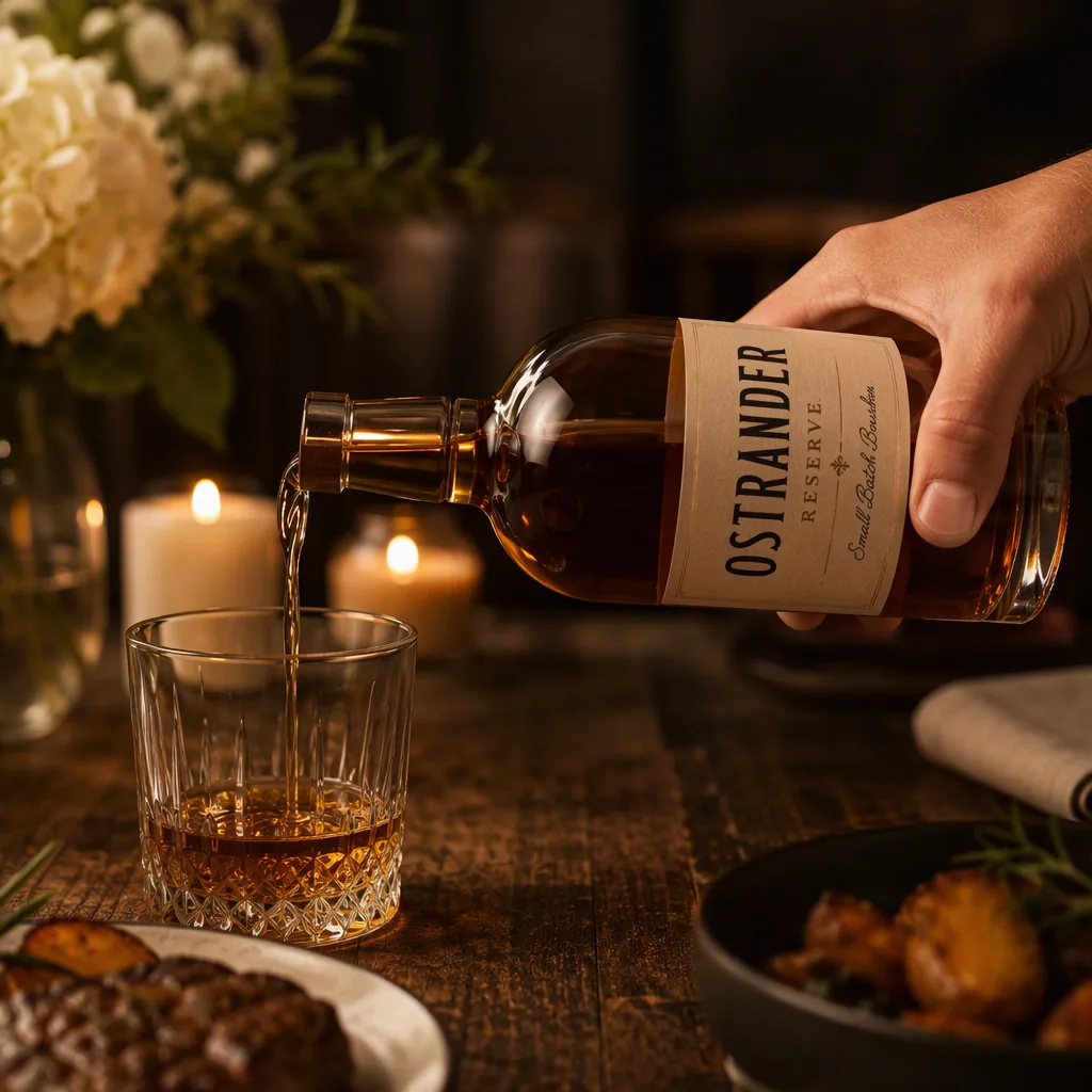 Lifestyle shot: a hand pouring the whiskey at a candle-lit table (fictional brand “Ostrander Reserve”)