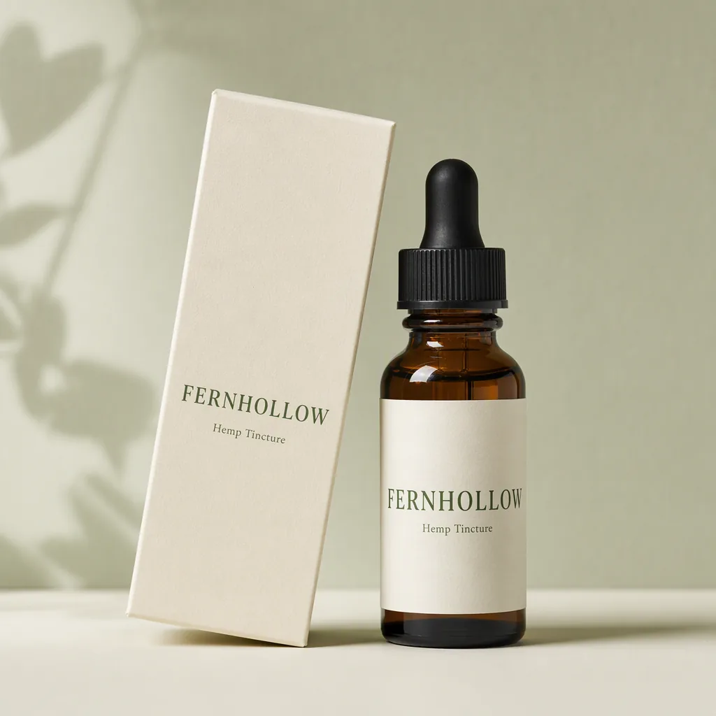 Studio packshot: a hemp tincture dropper bottle with its box on a sage backdrop (fictional brand “Fernhollow”)
