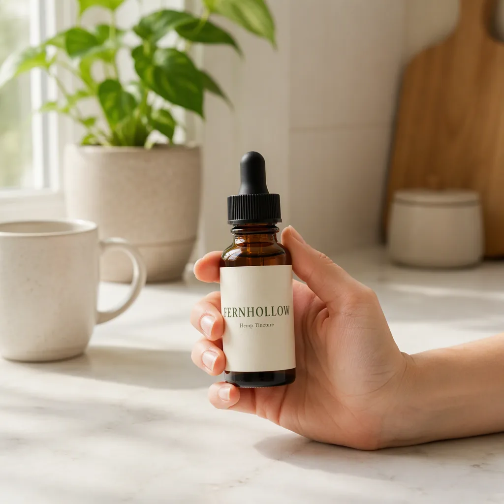 Lifestyle shot: a hand holding the bottle on a kitchen counter (fictional brand “Fernhollow”)