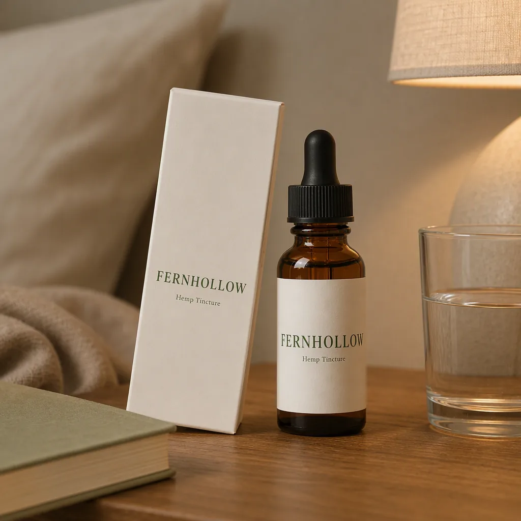 Lifestyle shot: the bottle and box on a bedside table (fictional brand “Fernhollow”)