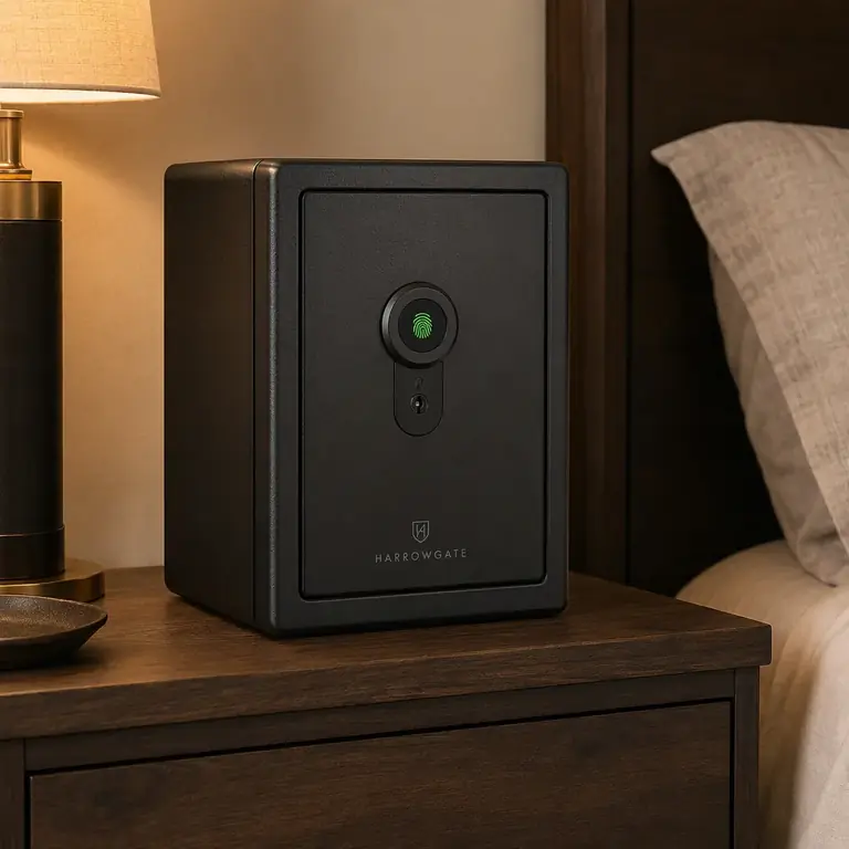 Lifestyle shot: a biometric gun safe on a bedside shelf (fictional brand “Harrowgate”)