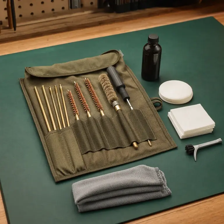 Lifestyle shot: a cleaning kit laid out on a workbench mat (fictional brand “Harrowgate”)