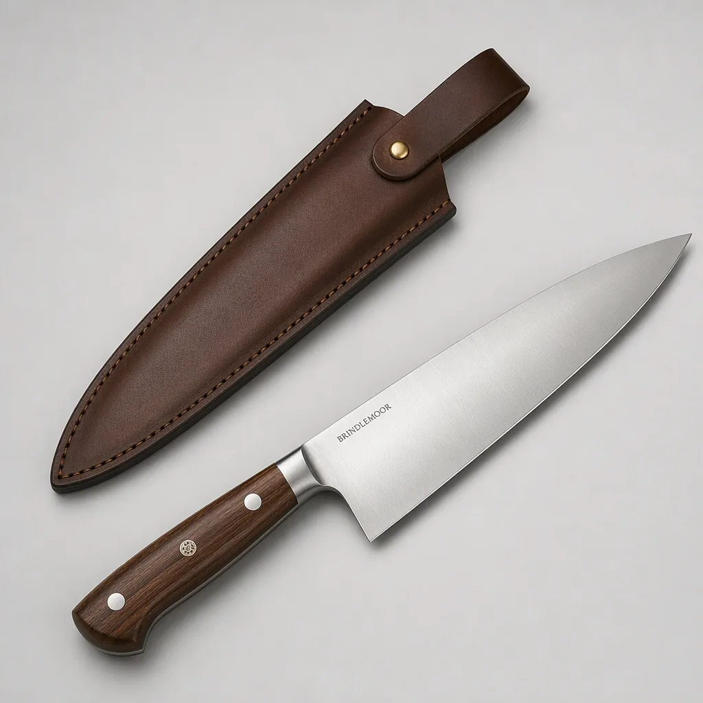 Studio packshot: a chef knife with a leather sheath on grey (fictional brand “Brindlemoor”)