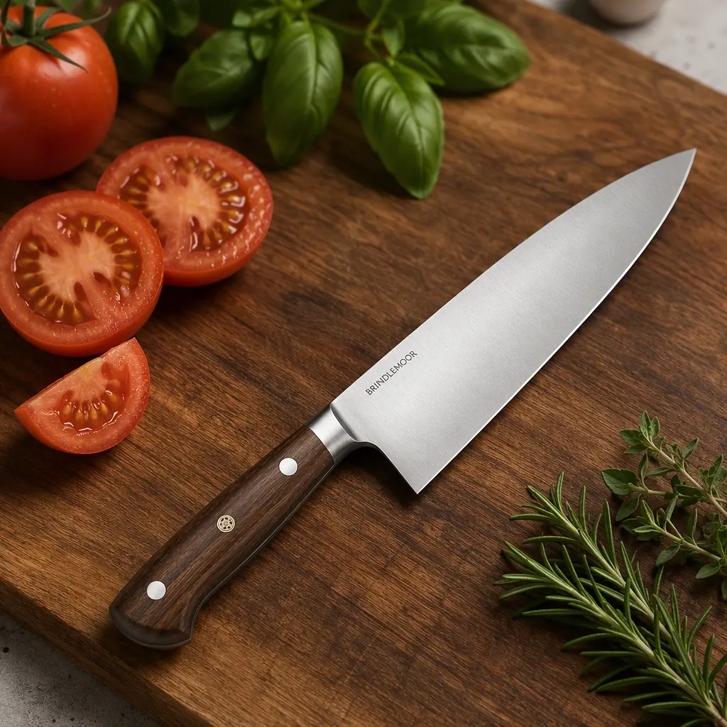 Lifestyle shot: the knife on a cutting board with tomatoes and herbs (fictional brand “Brindlemoor”)