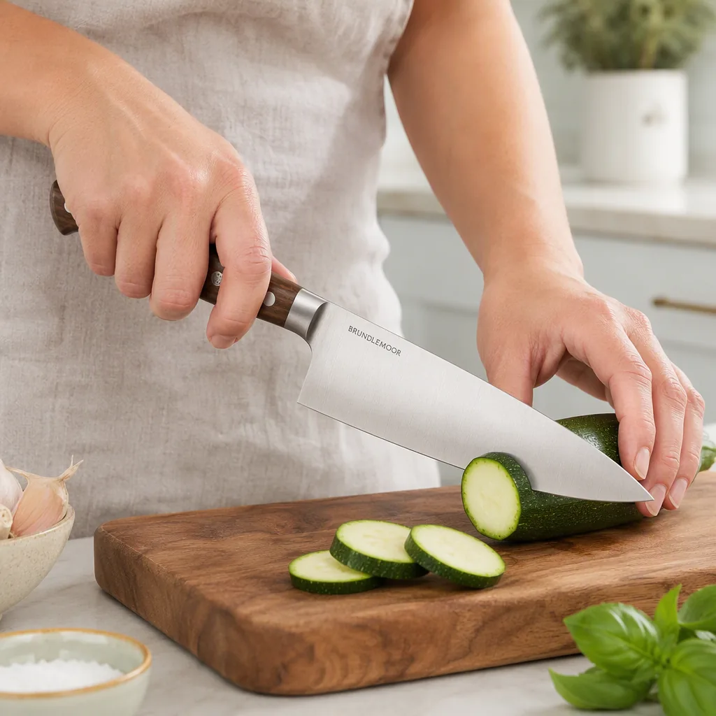 Lifestyle shot: hands slicing a courgette with the knife (fictional brand “Brindlemoor”)