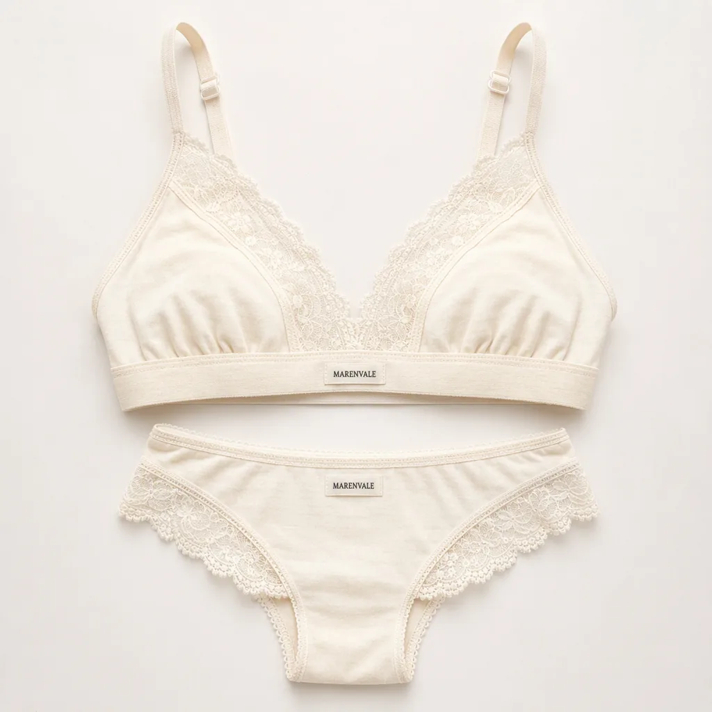Studio packshot: a bralette and briefs flat-lay (fictional brand “Marenvale”)