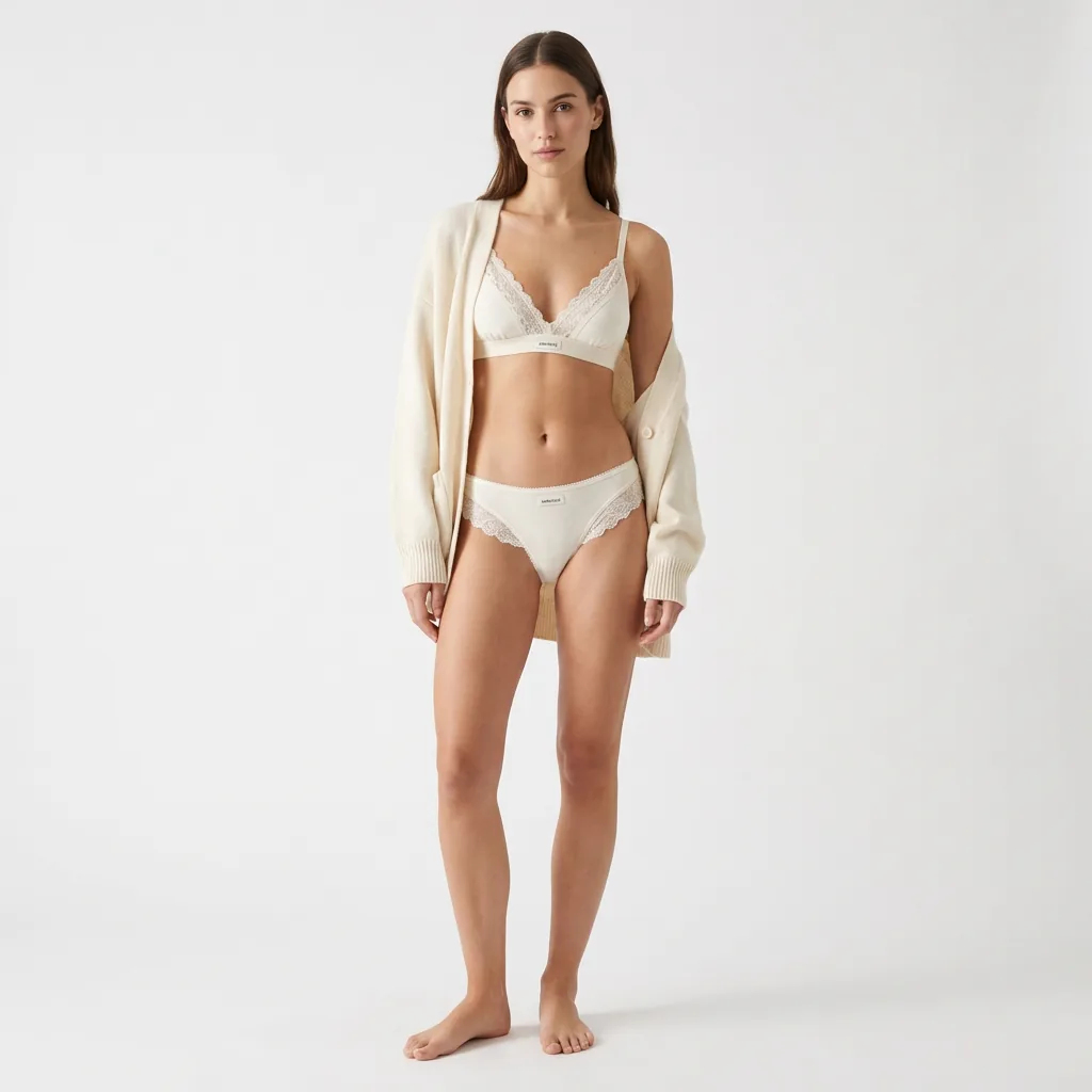 Lifestyle shot: a catalog-style adult model in the set with a cardigan (fictional brand “Marenvale”)