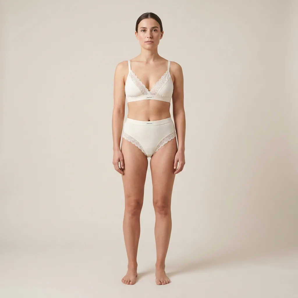 Lifestyle shot: a catalog-style adult model in the set, plain studio (fictional brand “Marenvale”)