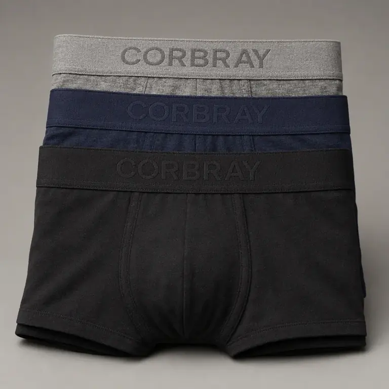 Studio packshot of fictional Corbray men’s underwear, product forward