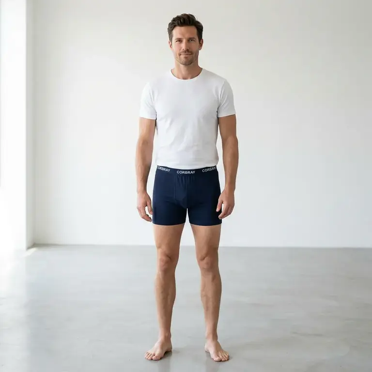 Lifestyle shot: a catalog-style adult male model in trunks and a t-shirt (fictional brand “Corbray”)