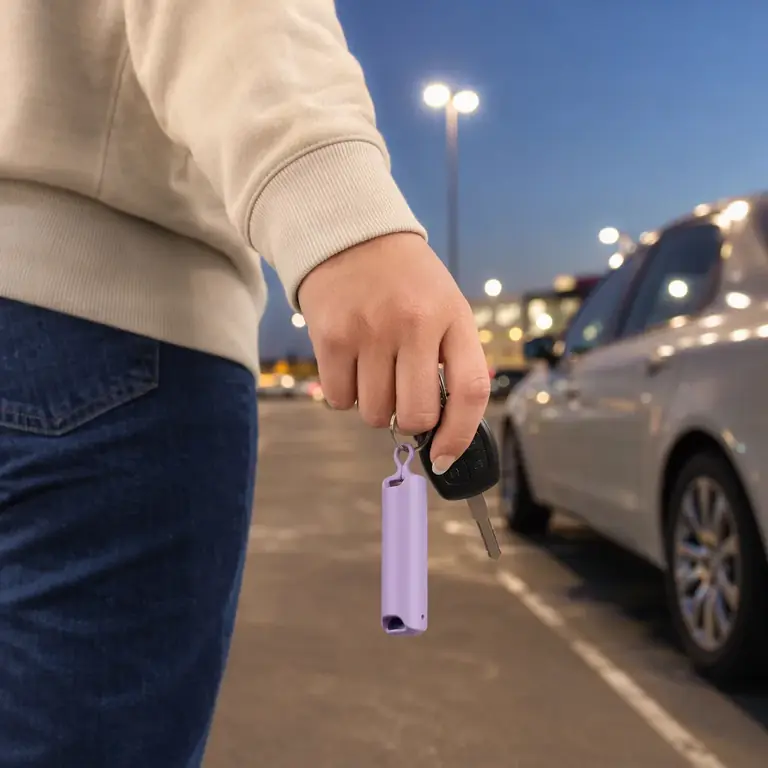 Lifestyle shot: a hand holding keys with the keychain in a parking lot at dusk (fictional brand “Keswyn”)