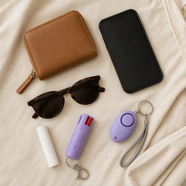 Lifestyle shot: a tote-bag flat-lay with the keychain and a safety alarm (fictional brand “Keswyn”)