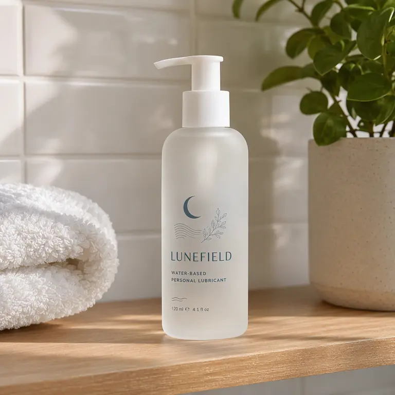 Lifestyle shot: a lubricant pump bottle on a bathroom shelf (fictional brand “Lunefield”)