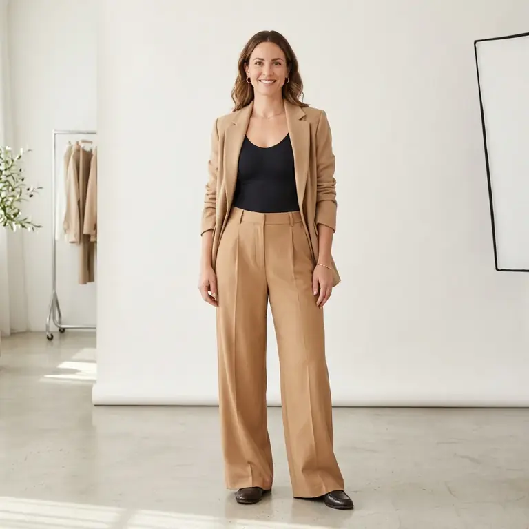 Lifestyle shot: an adult model in a sculpting bodysuit under a blazer (fictional brand “Velline”)