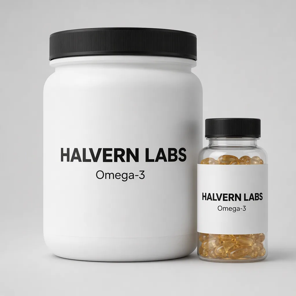 Studio packshot: a supplement tub and capsule bottle on grey (fictional brand “Halvern Labs”)