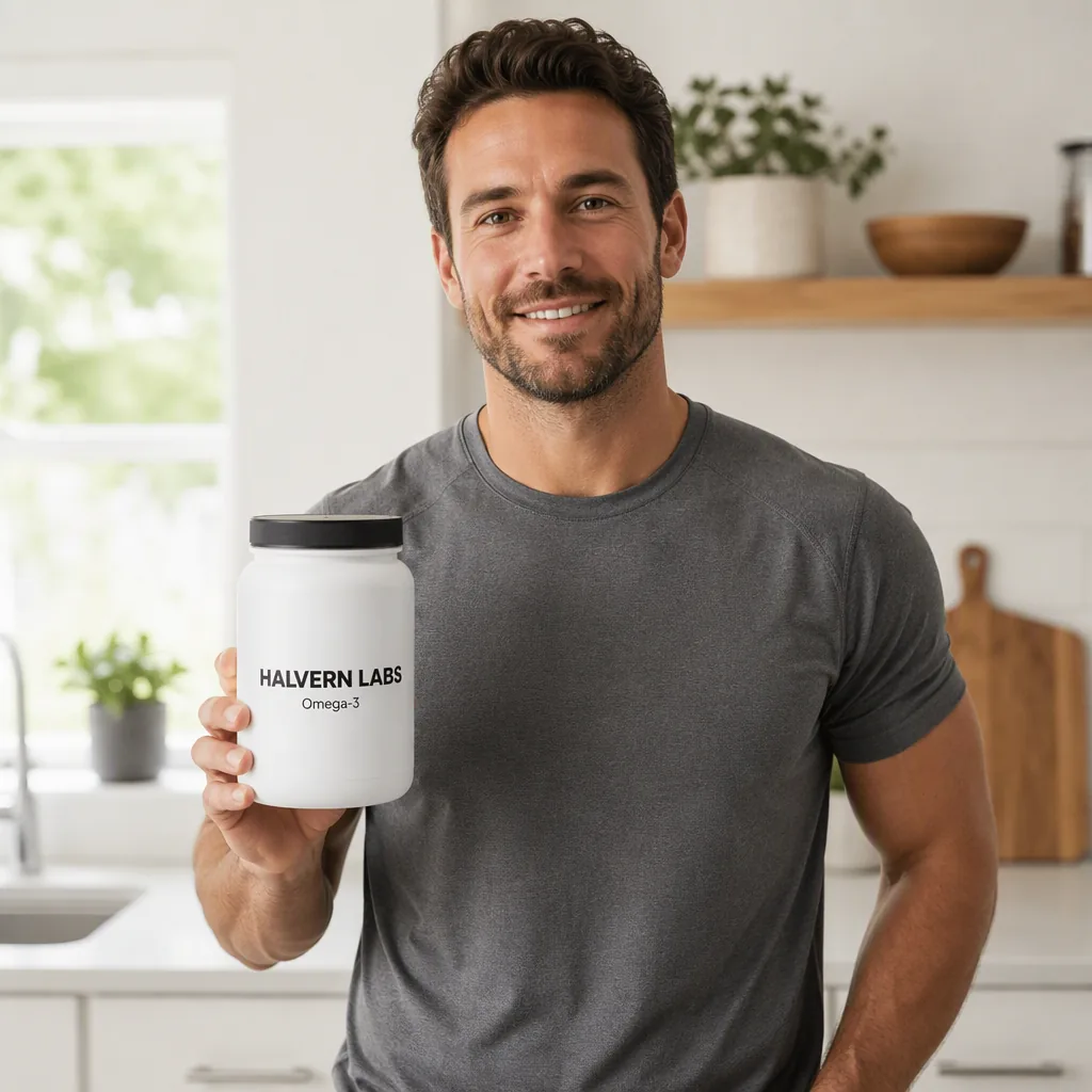 Lifestyle shot: a man holding the tub in a home kitchen (fictional brand “Halvern Labs”)