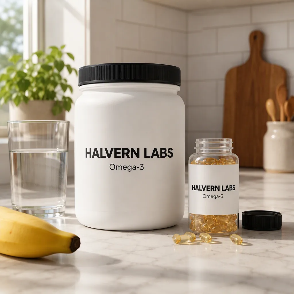 Lifestyle shot: the tub and capsules on a kitchen counter (fictional brand “Halvern Labs”)