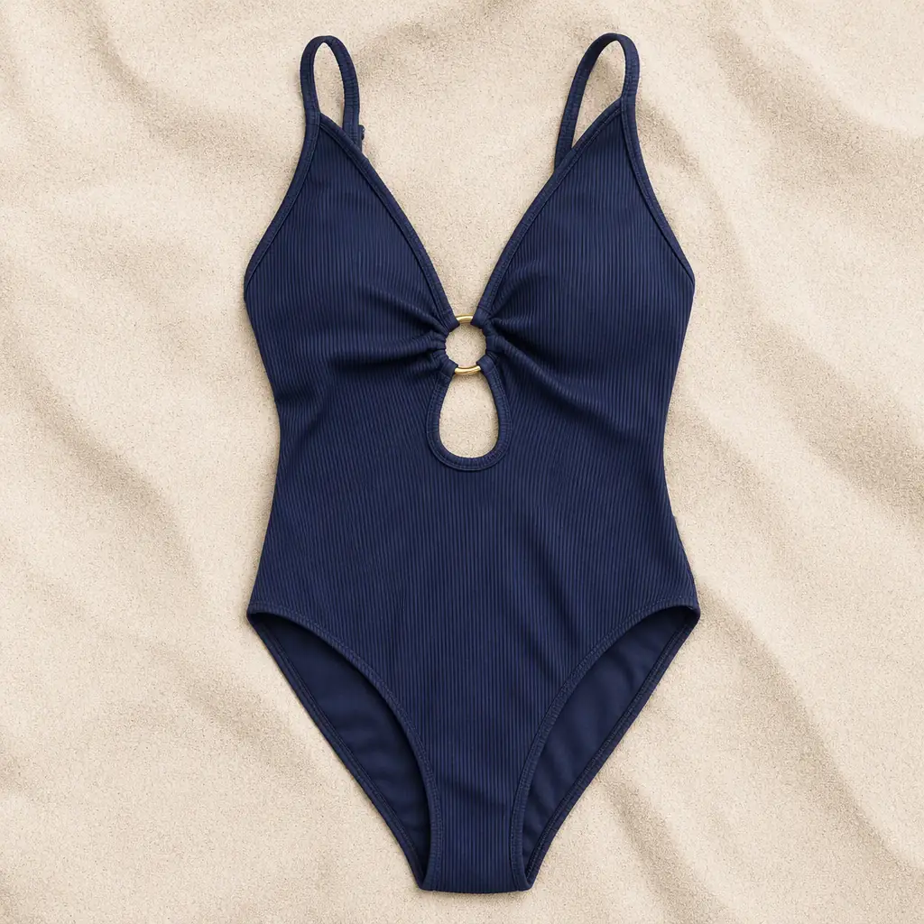 Studio packshot: a ribbed one-piece swimsuit flat-lay on sand (fictional brand “Saltmoor”)