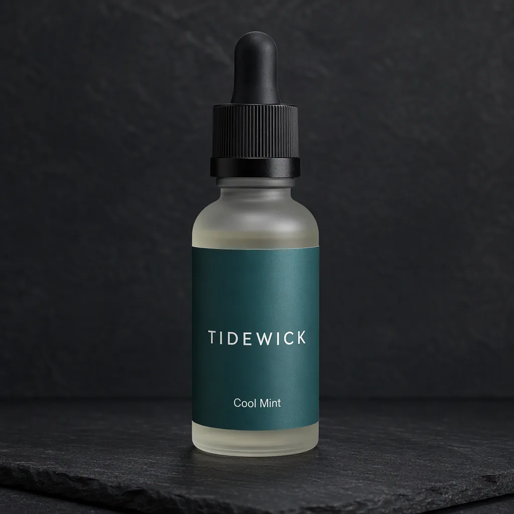 Studio packshot: an e-liquid dropper bottle on dark slate (fictional brand “Tidewick”)