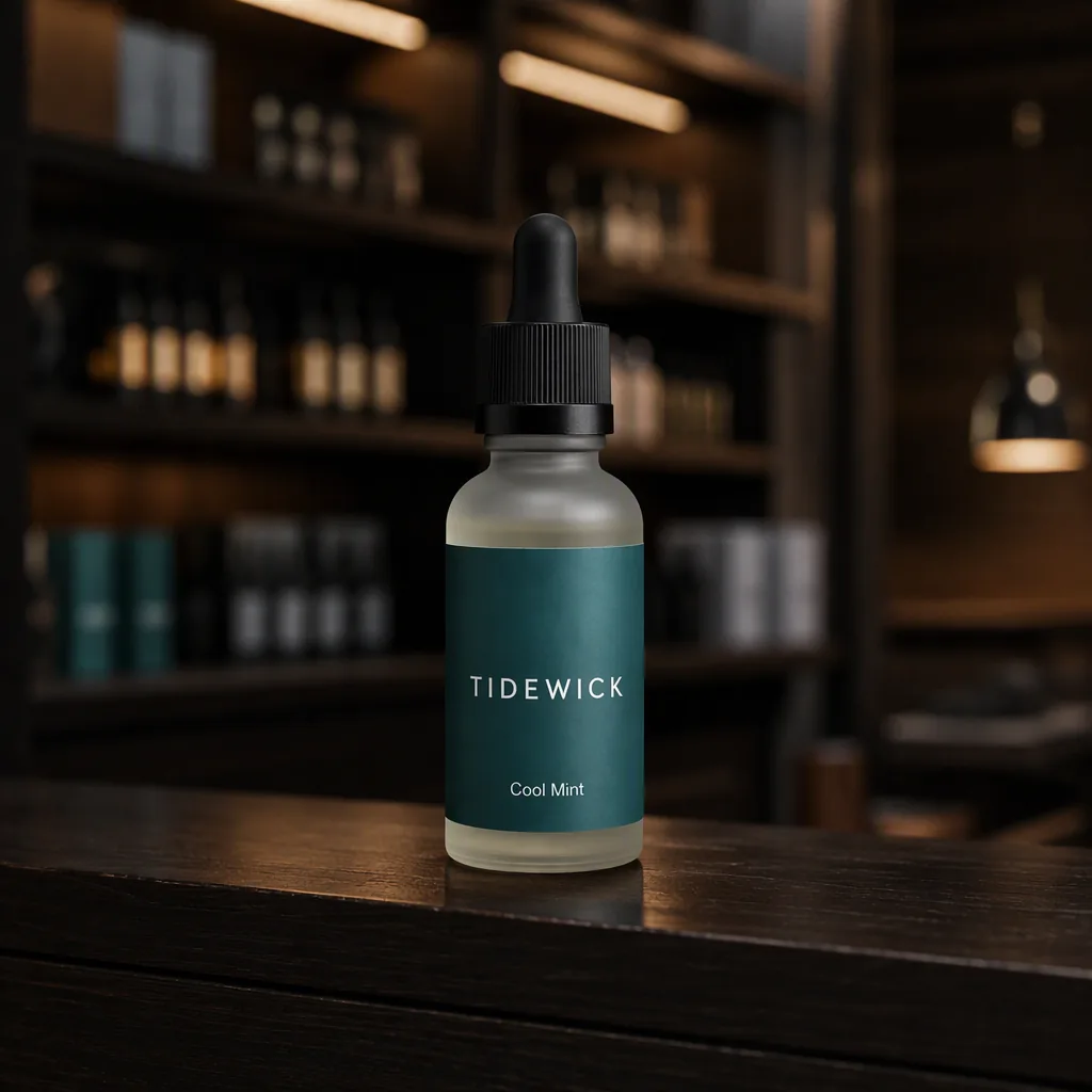 Lifestyle shot: the bottle on a shelf in a shop interior (fictional brand “Tidewick”)
