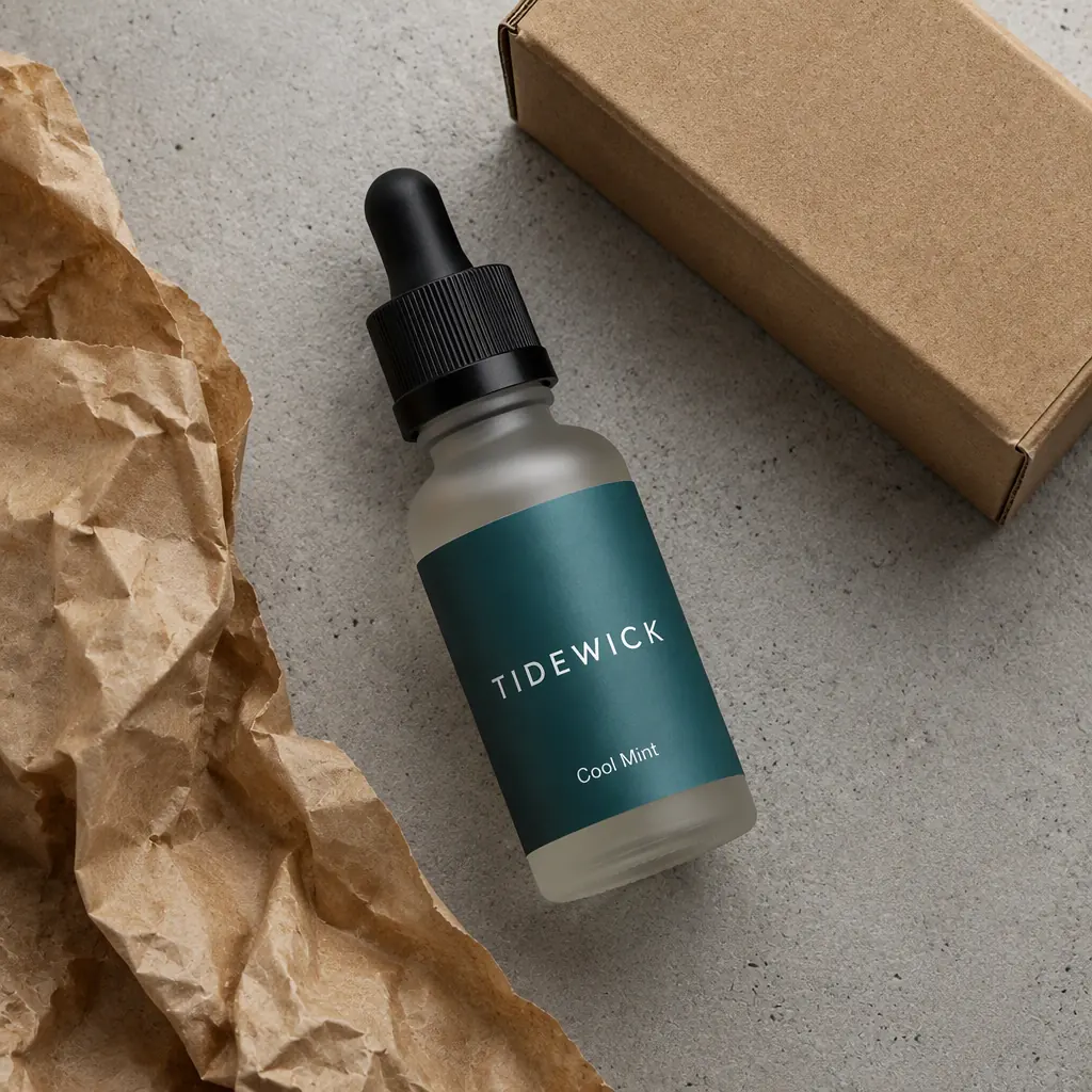 Lifestyle shot: the bottle flat-lay with packing paper and a shipping box (fictional brand “Tidewick”)
