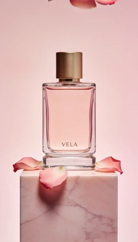 A perfume bottle among loose petals, product only, no person
