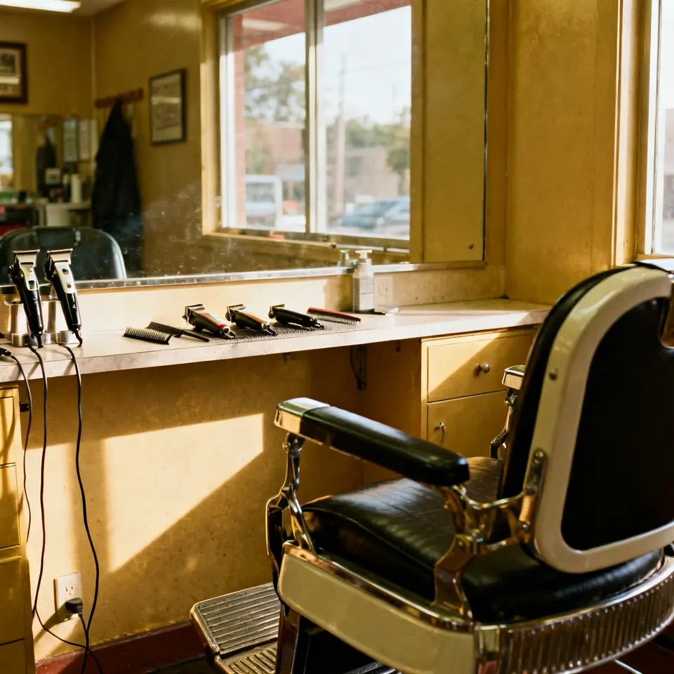 Silla clásica de barbero frente a un espejo grande con máquinas y peines en el mostrador