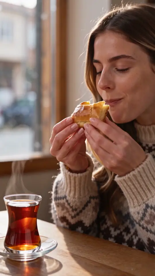 Bakery ad example: cheese börek, flaky layers and the finished pastry