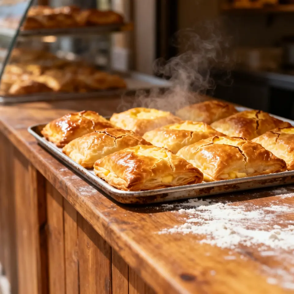 Source photo of cheese börek pastries on a bakery tray