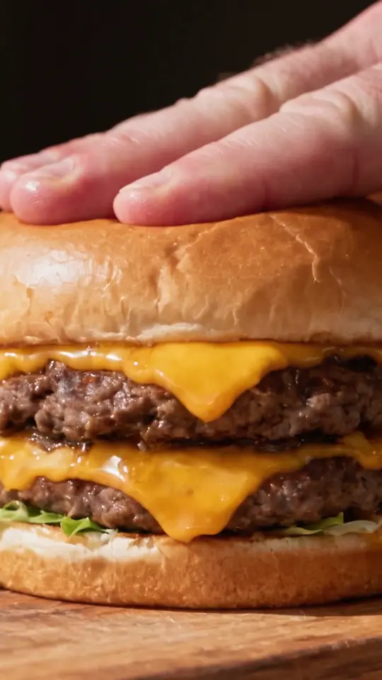 Burger ad example: griddle, assembly, cheese pull and finished plate