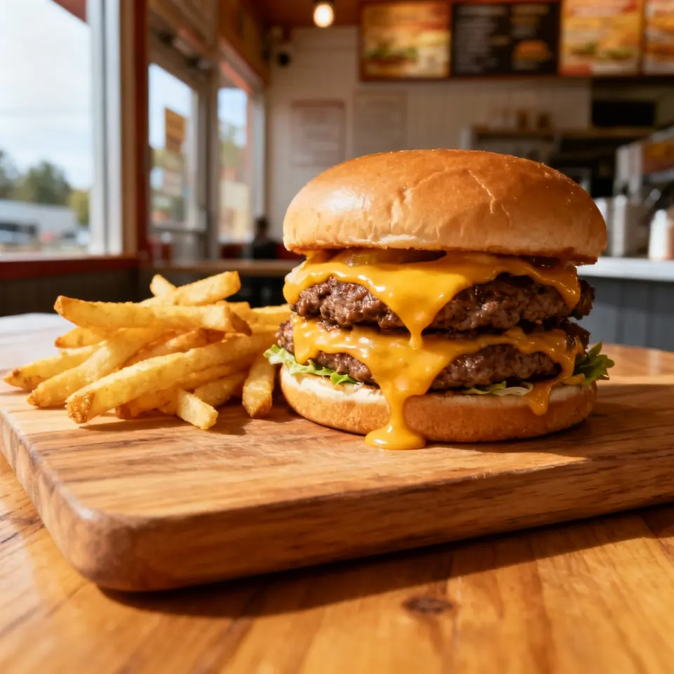 Phone photo of a double cheeseburger and fries on a wooden board in a small burger joint