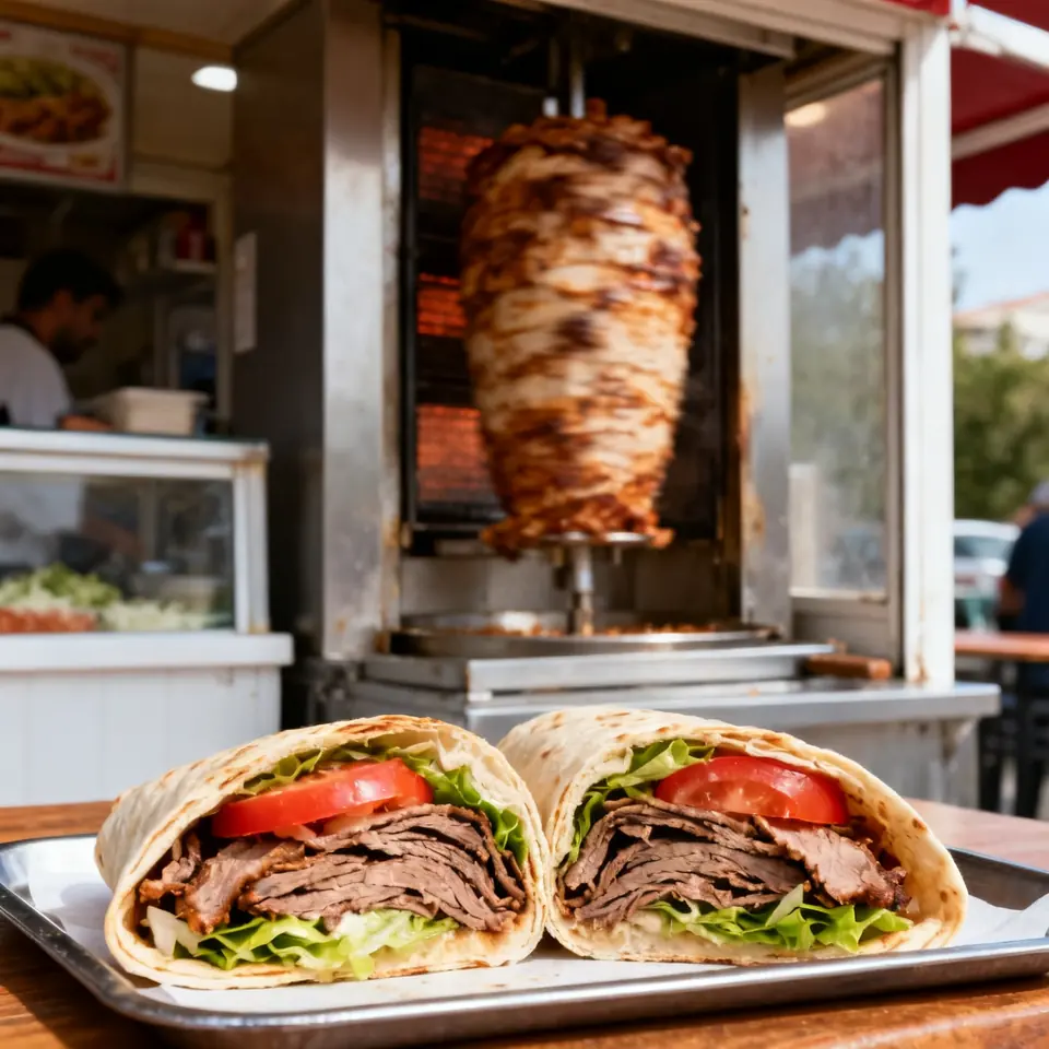 Doner kebab wrap cut in half on a tray, rotating spit blurred behind