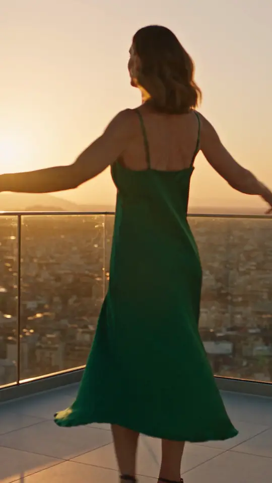 Vestido midi de satén: paseo por la calle, tela, giro en la terraza