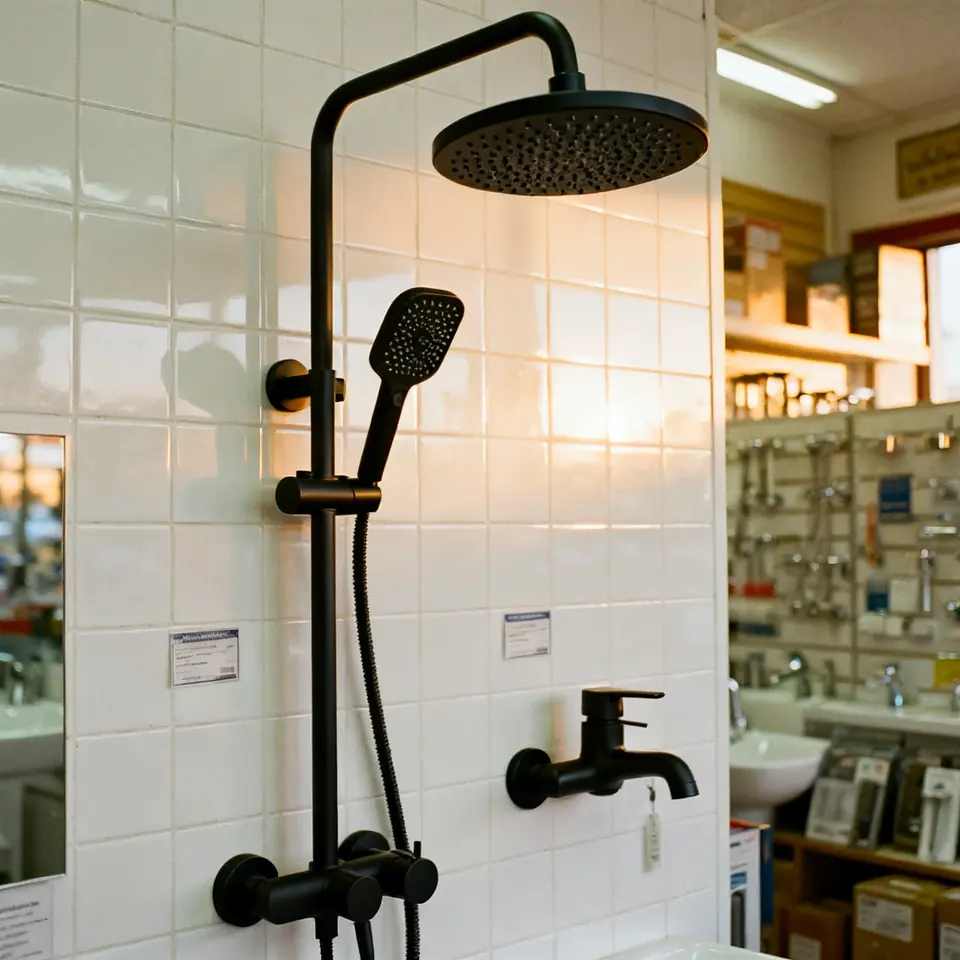 Juego de ducha tipo lluvia y grifo negro mate en el muro de exhibición de una tienda de baños