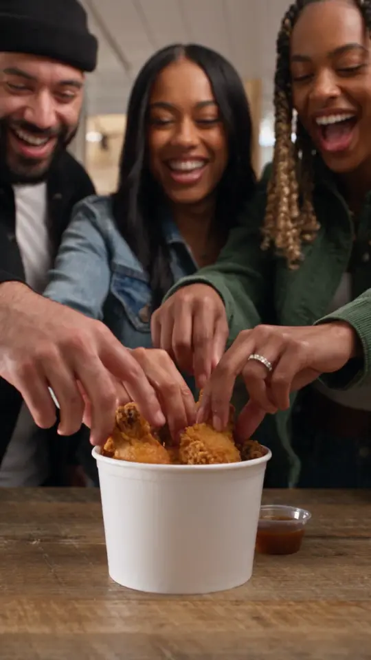 Fried chicken ad example: fryer, coating and a bucket to share