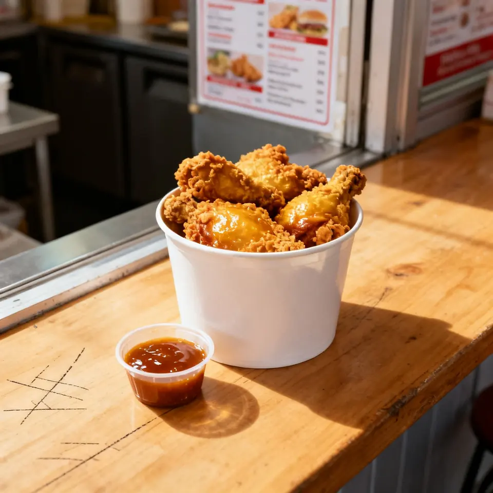 Bucket of golden fried chicken with dipping sauce on a takeaway counter