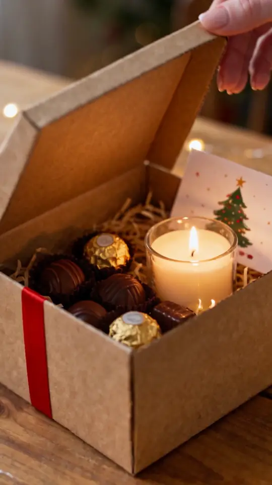 Gift box: snow, ribbon, lid opening, under the tree