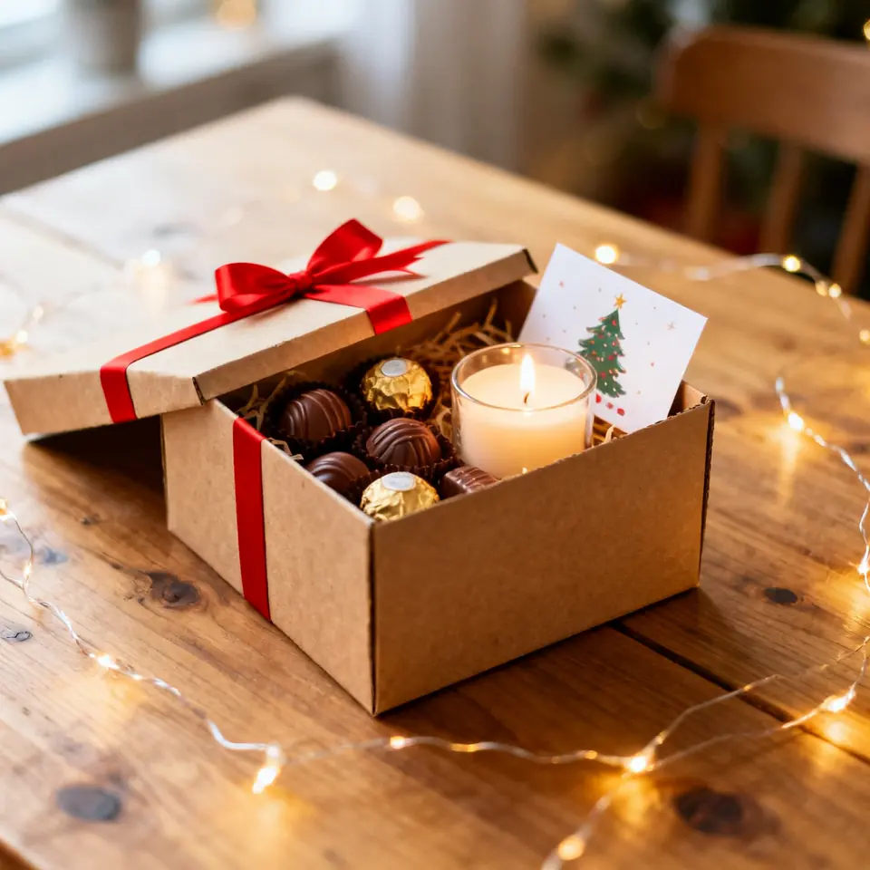 Handmade Christmas gift box with a red ribbon, chocolates, a candle and a card on a wooden table with fairy lights