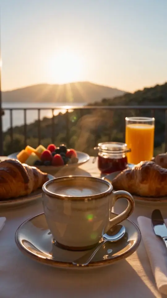 Boutique hotel: dusk entrance, invented room, terrace breakfast