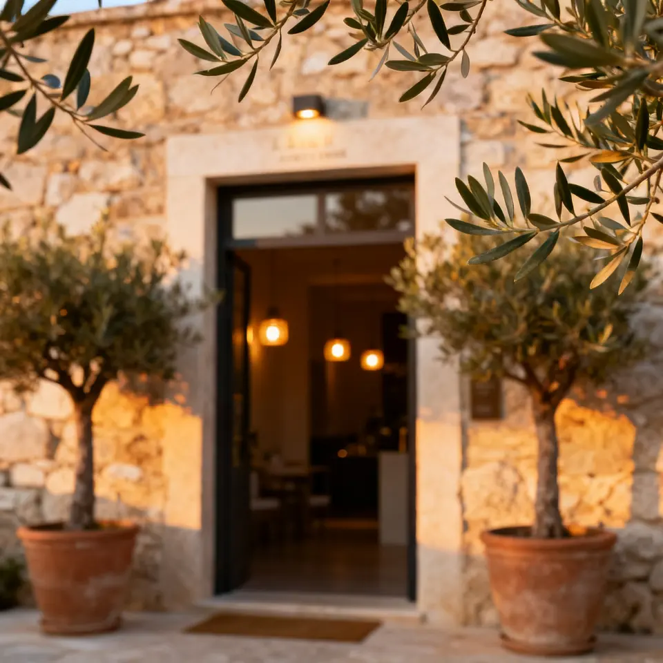 Boutique hotel entrance with a stone facade, olive trees and warm lights at dusk