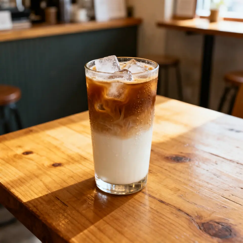 Vaso alto de latte helado en capas sobre una mesa de madera de cafetería