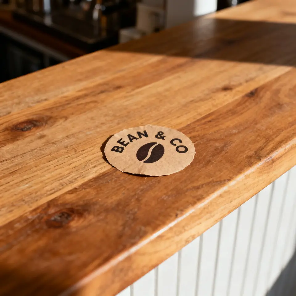 Round coffee shop logo sticker reading BEAN & CO with a coffee bean icon on kraft paper