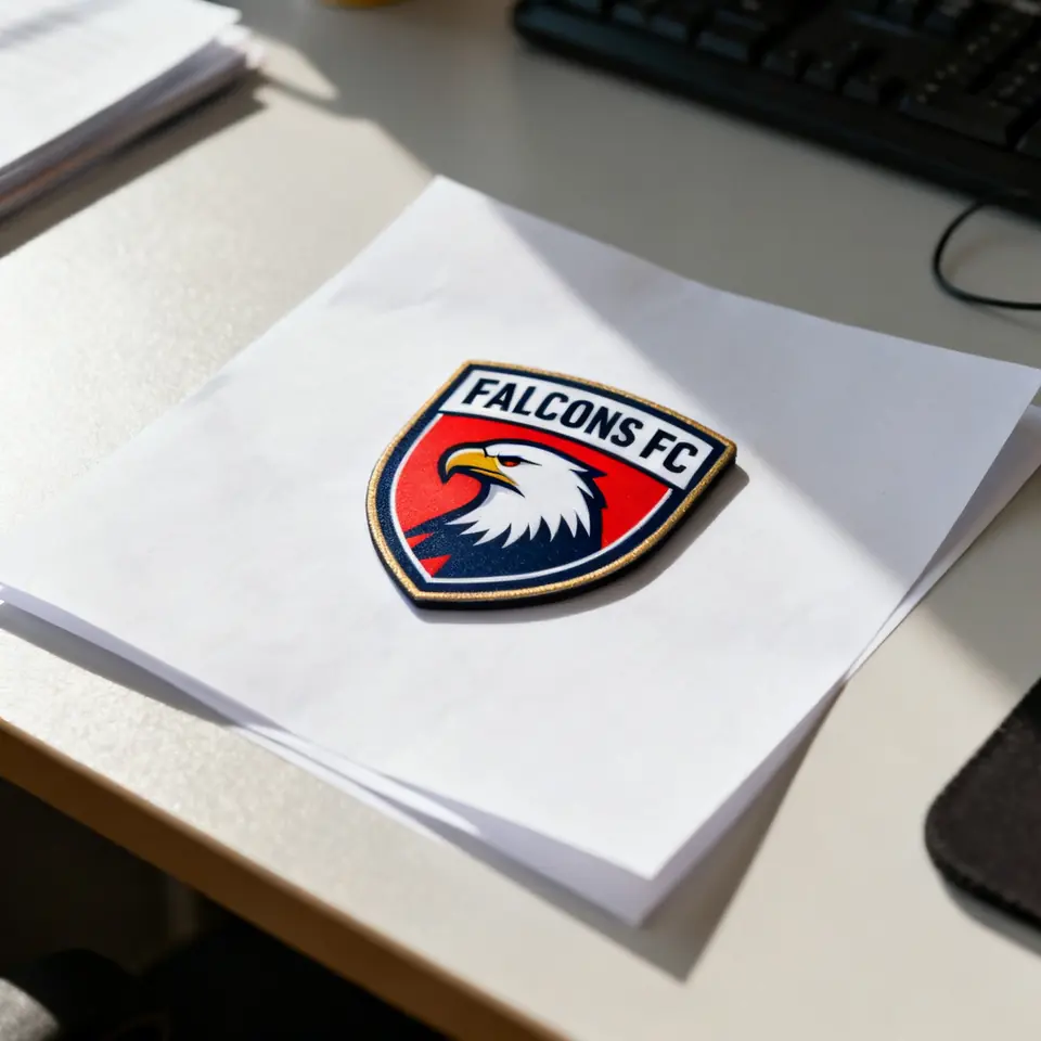 Printed FALCONS FC sports club crest with a falcon emblem on white paper