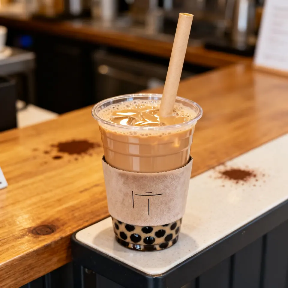 Cup of brown sugar milk tea with tapioca pearls on a café counter