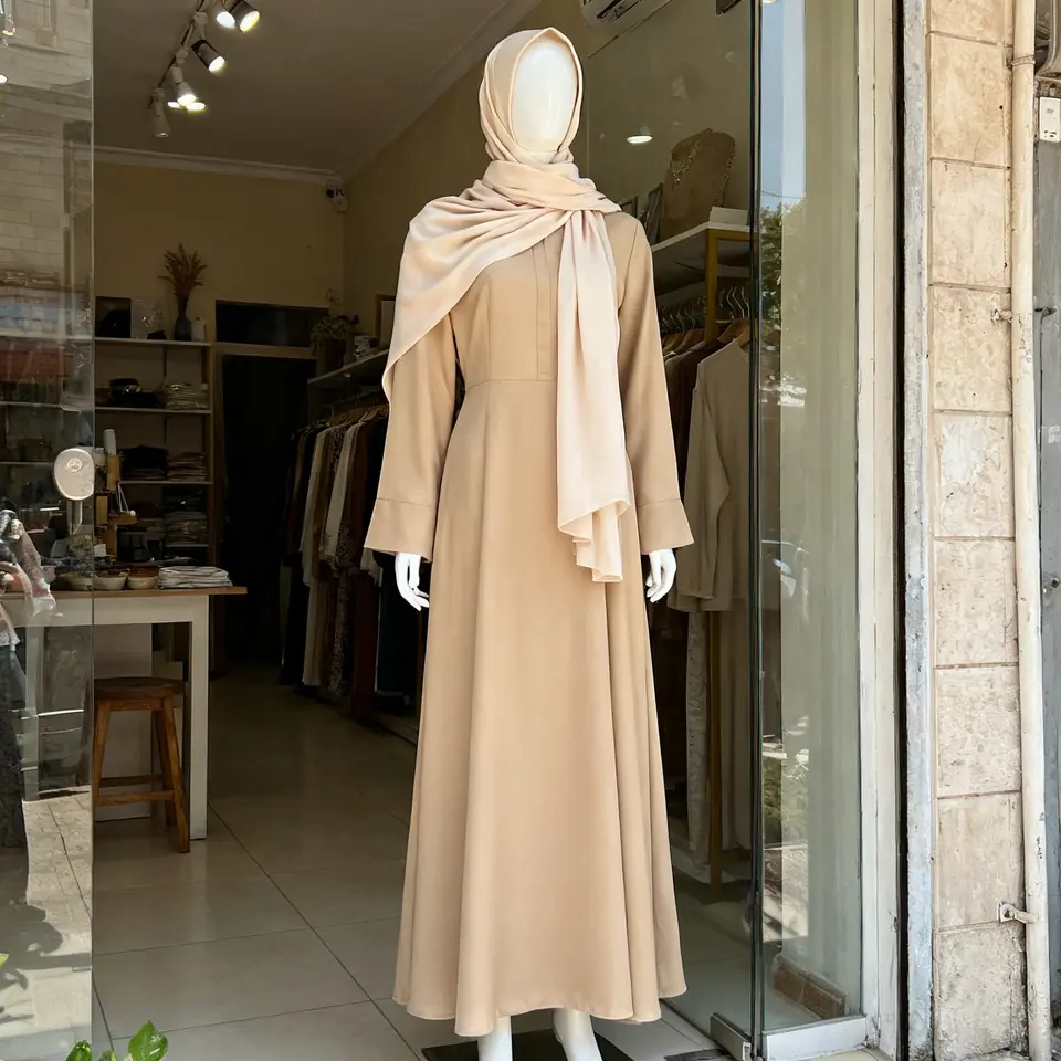 Beige long modest dress with a matching hijab on a boutique mannequin