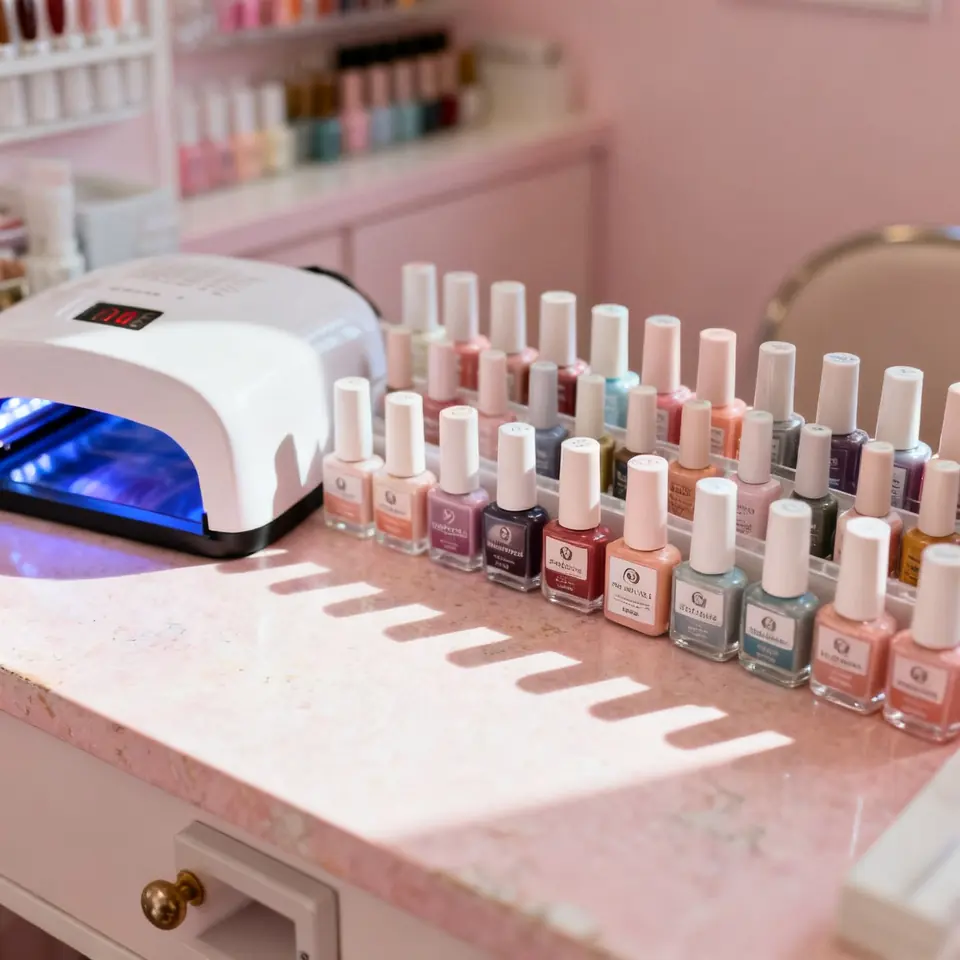 Mesa de manicura en un salón de uñas en tonos pastel con frascos de esmalte en gel y una lámpara UV