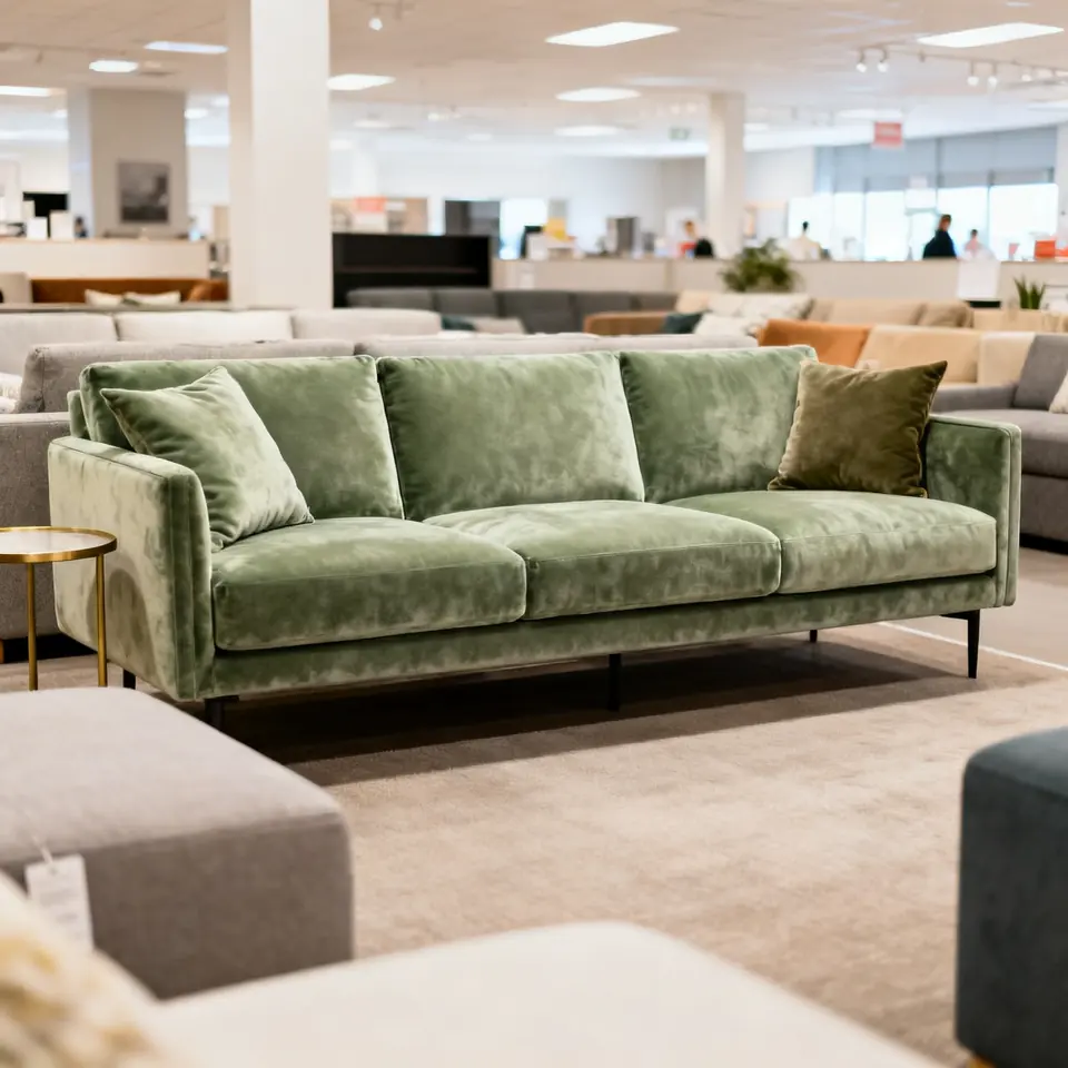 Sofá de tres plazas de terciopelo verde salvia con cojines y una mesa auxiliar en un showroom de muebles