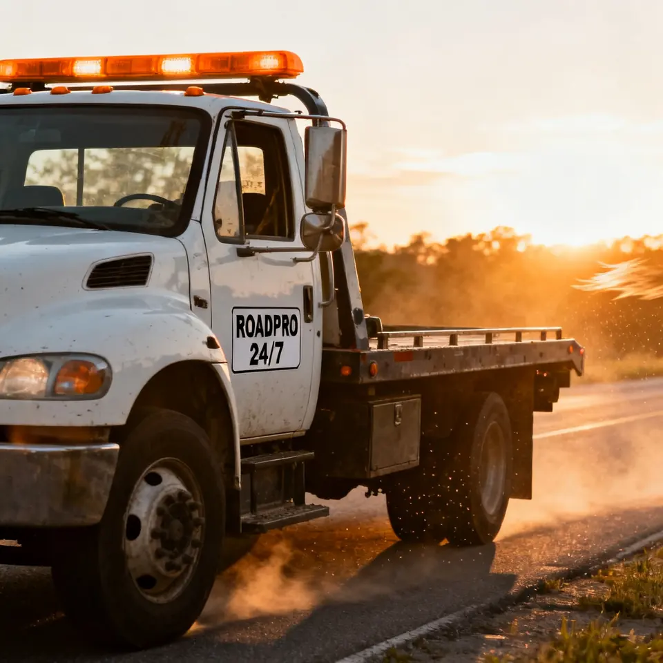 White flatbed tow truck with orange beacons and a ROADPRO 24/7 door sign at sunset